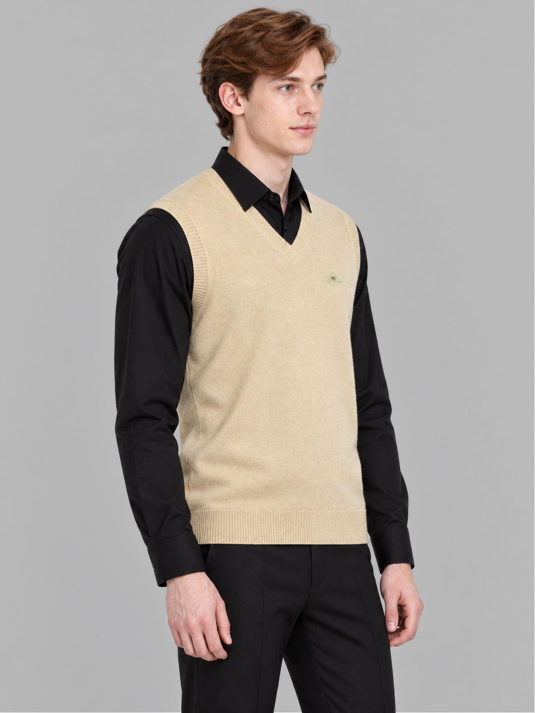 Men Camel Brown Solid V Neck Sleeveless Sweater