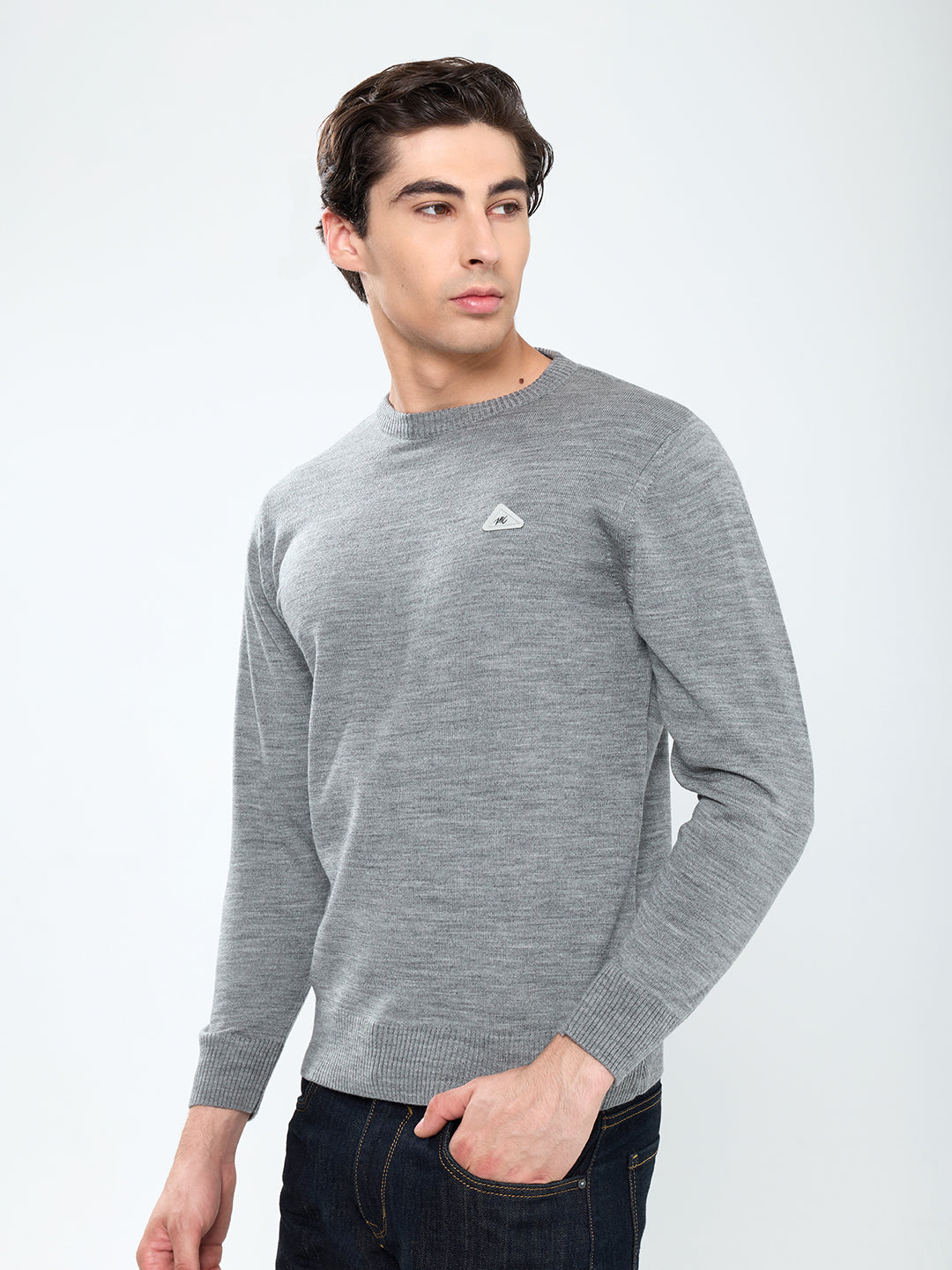 Men Grey Solid Round Neck Full Sleeve Pullover