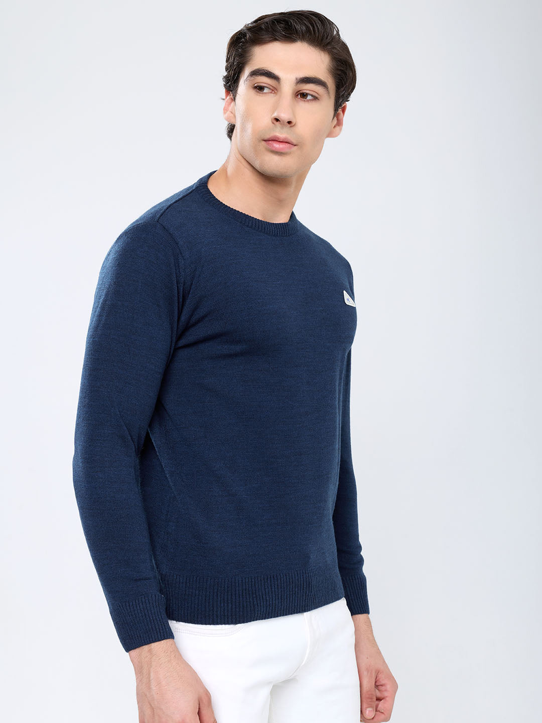 Men Blue Solid Round Neck Full Sleeve Pullover