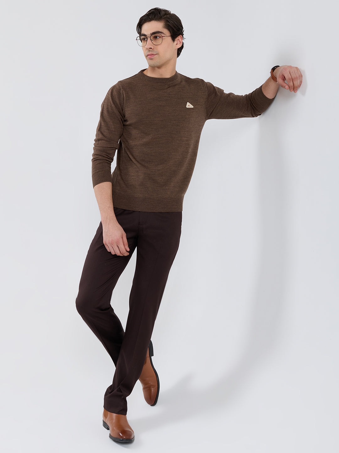 Men Brown Solid Round Neck Full Sleeve Pullover