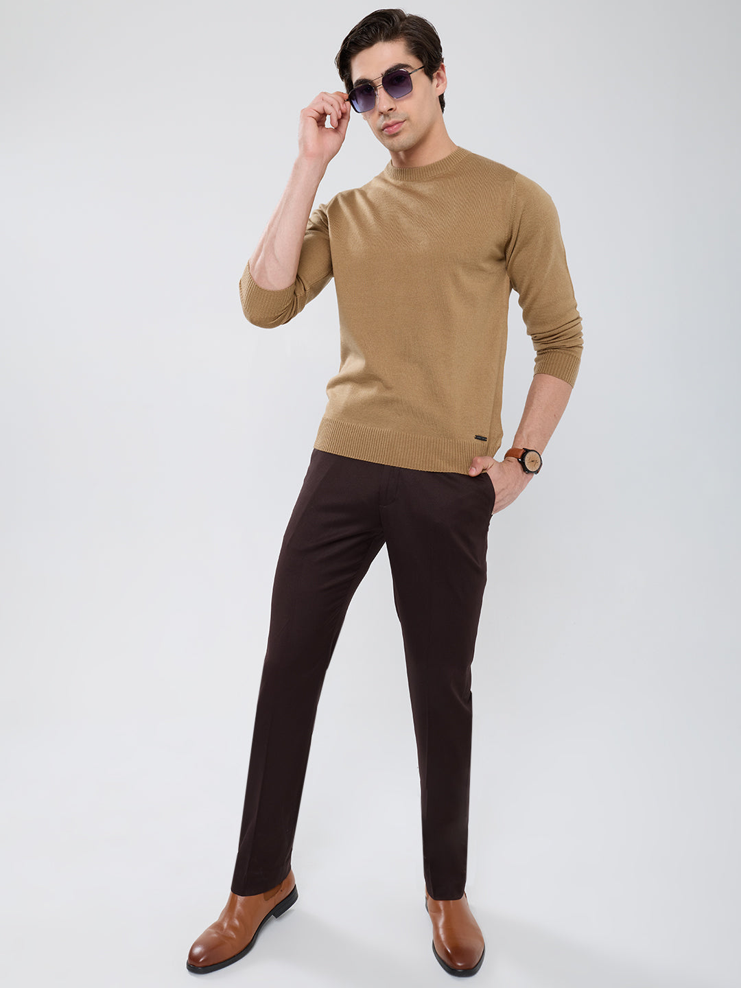 Men Camel Brown Solid Round Neck Full Sleeve Pullover