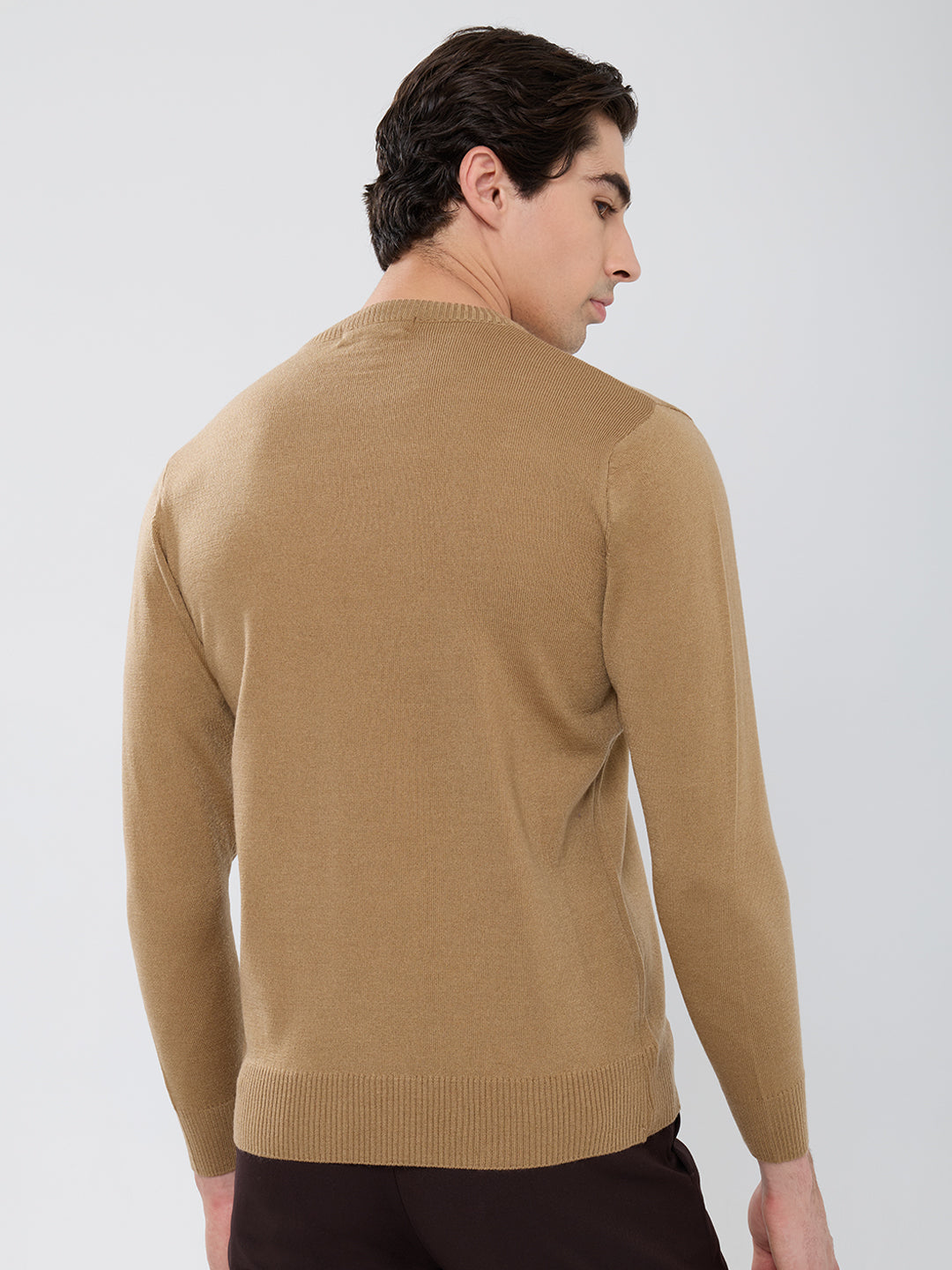 Men Camel Brown Solid Round Neck Full Sleeve Pullover