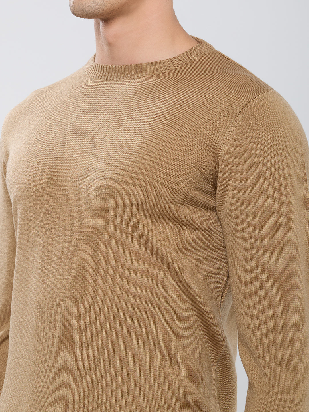 Men Camel Brown Solid Round Neck Full Sleeve Pullover