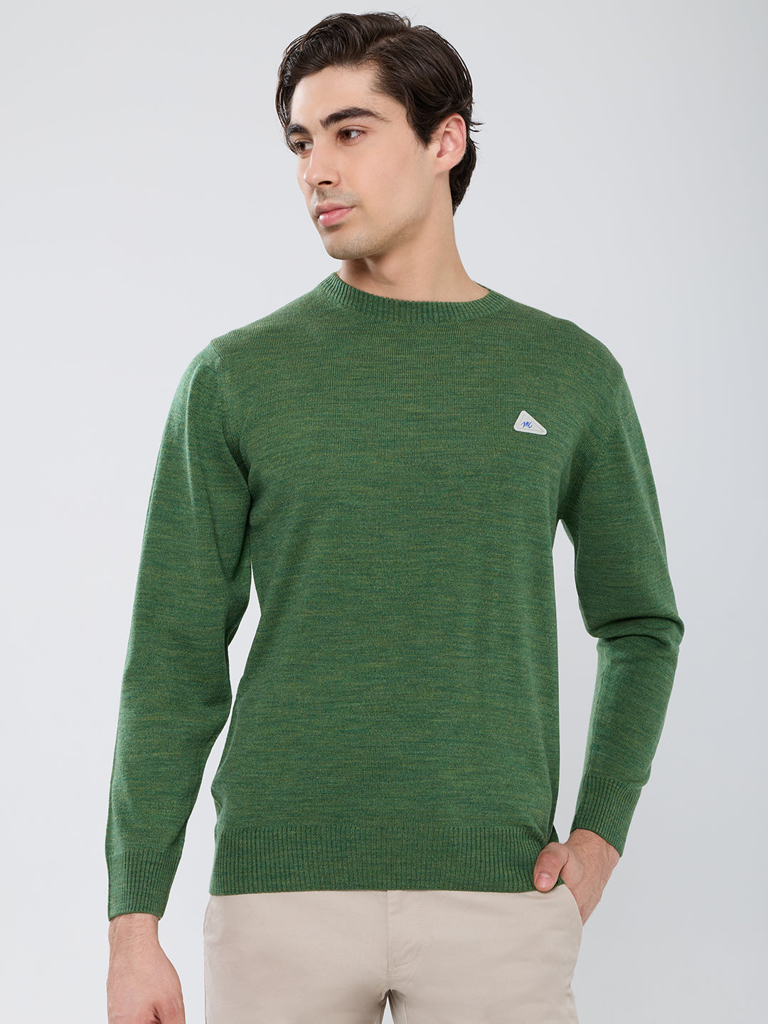 Men Green Solid Round Neck Full Sleeve Pullover