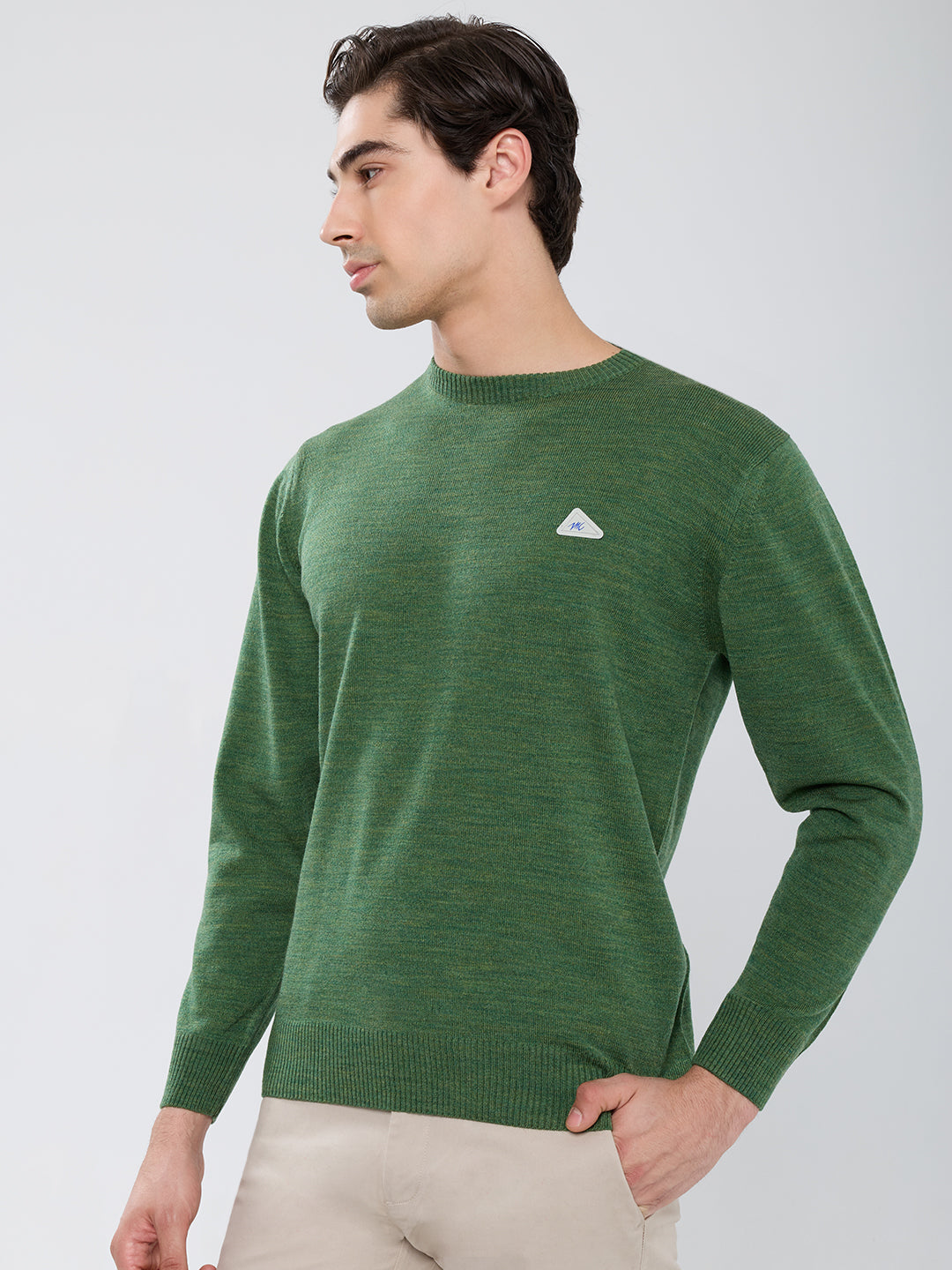Men Green Solid Round Neck Full Sleeve Pullover