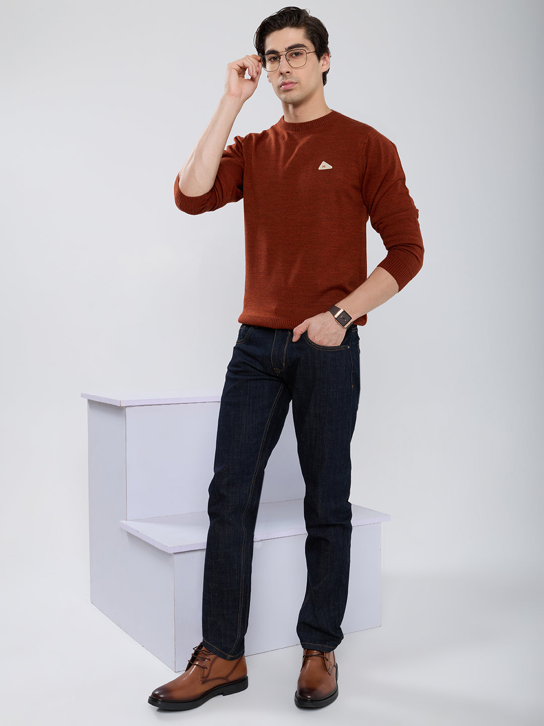 Men Rust Solid Round Neck Full Sleeve Pullover