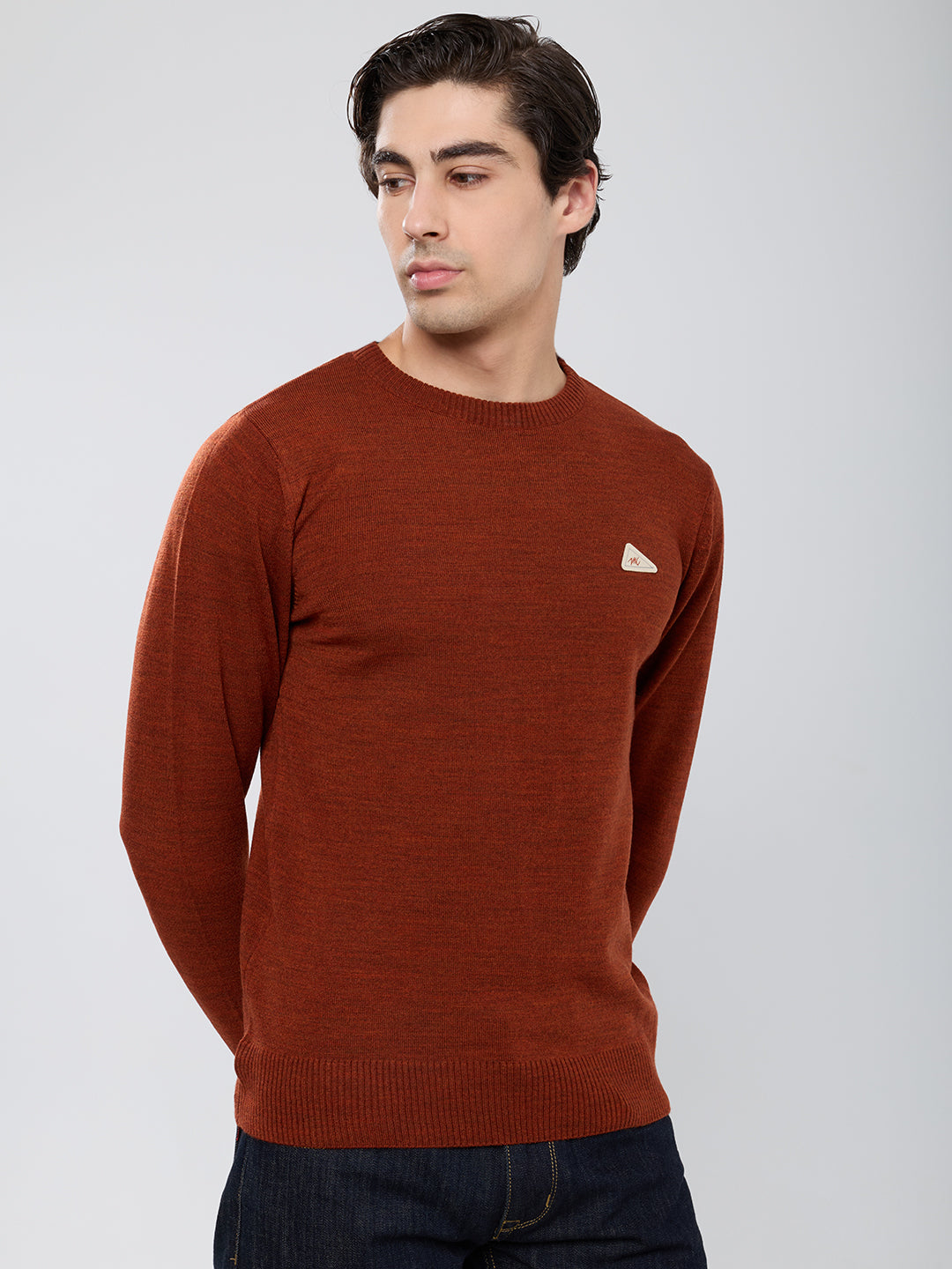 Men Rust Solid Round Neck Full Sleeve Pullover