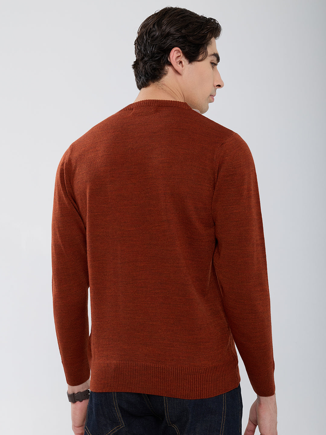 Men Rust Solid Round Neck Full Sleeve Pullover