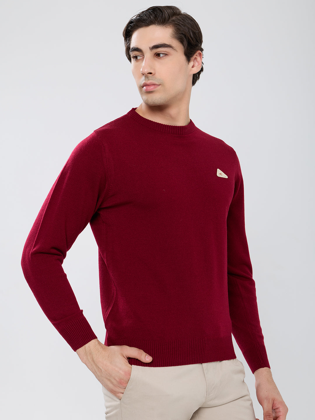 Men Maroon Solid Round Neck Full Sleeve Pullover
