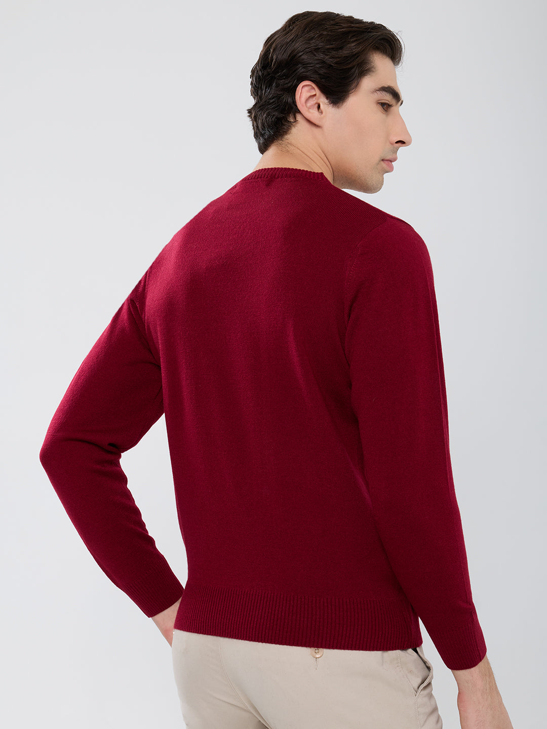Men Maroon Solid Round Neck Full Sleeve Pullover