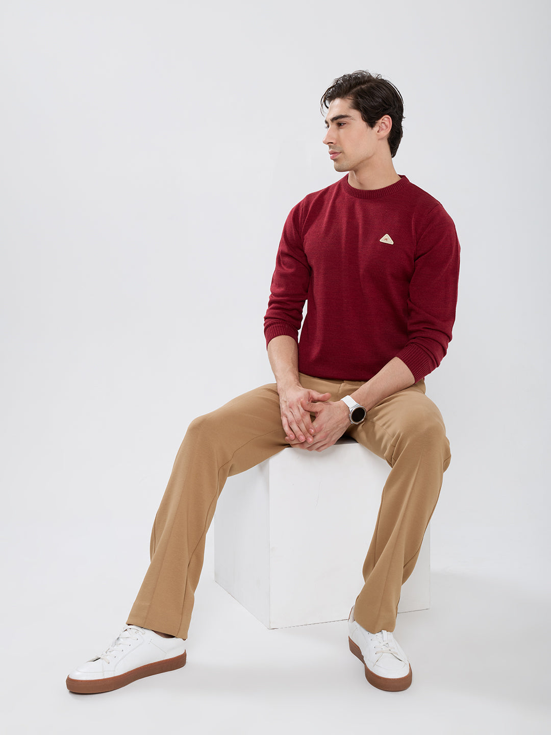 Men Maroon Solid Round Neck Full Sleeve Pullover