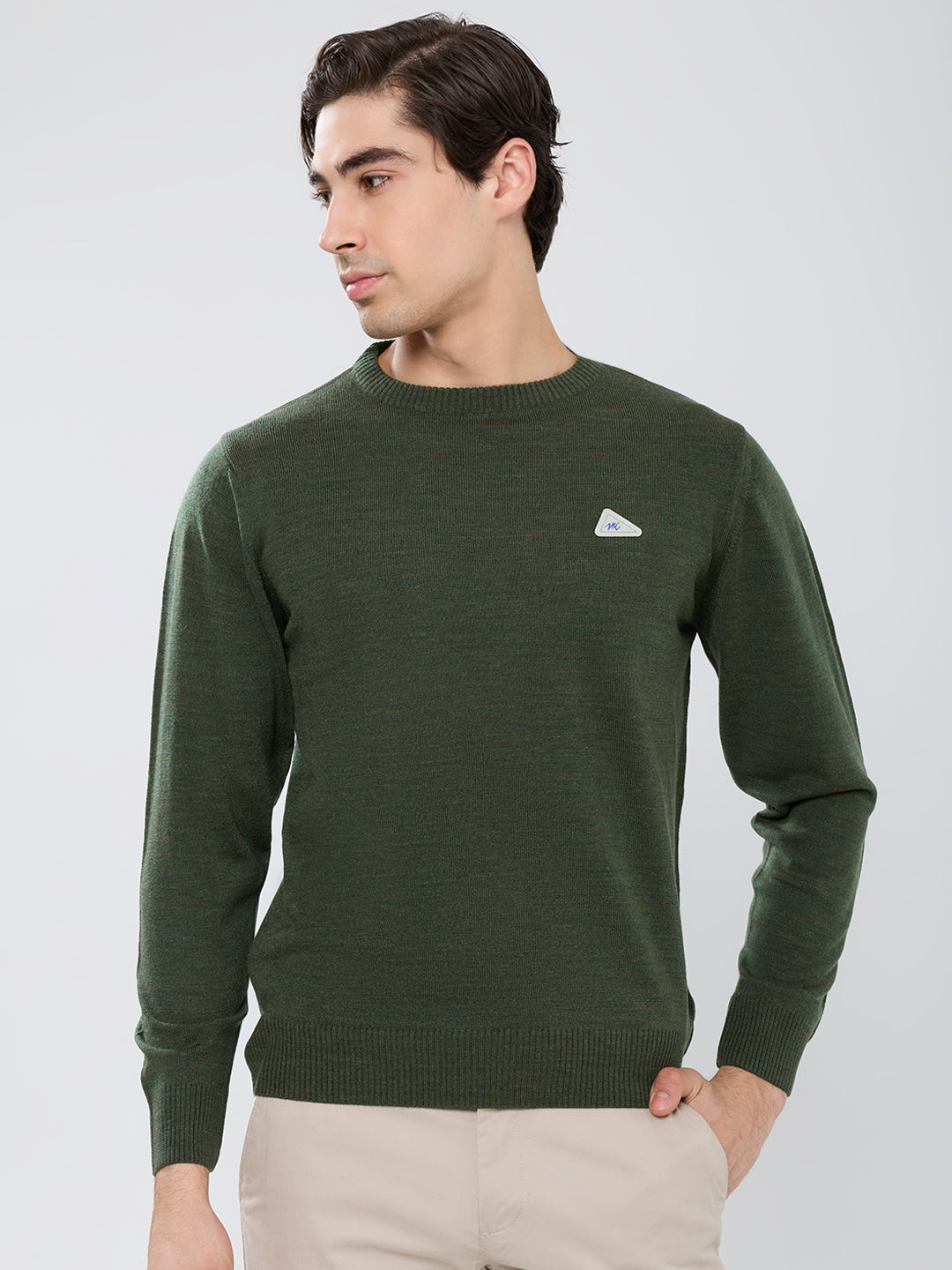 Men Olive Solid Round Neck Full Sleeve Pullover