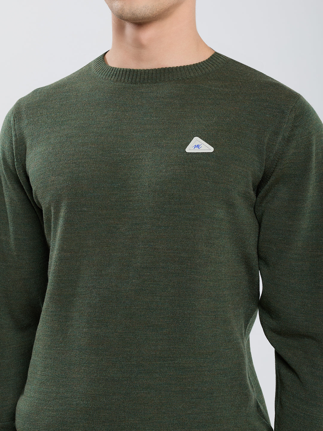 Men Olive Solid Round Neck Full Sleeve Pullover