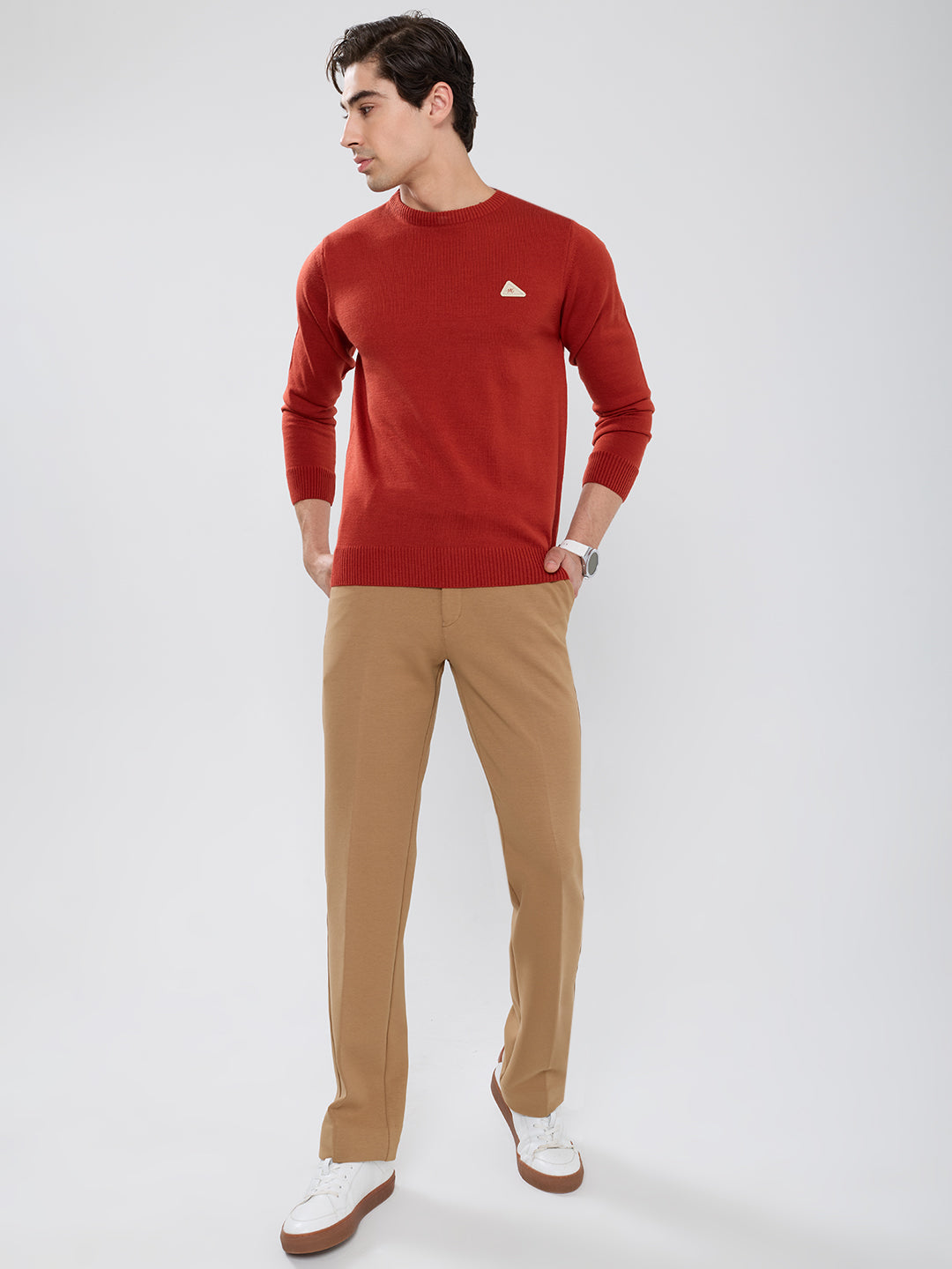 Men Rust Solid Round Neck Full Sleeve Pullover