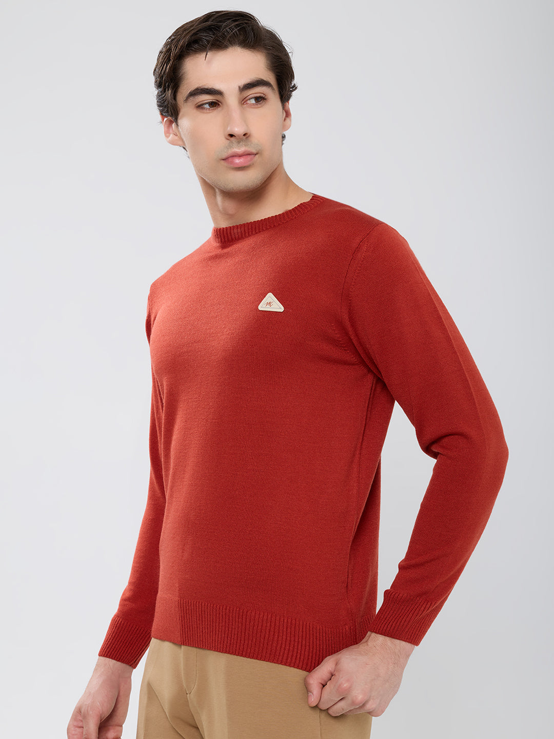 Men Rust Solid Round Neck Full Sleeve Pullover