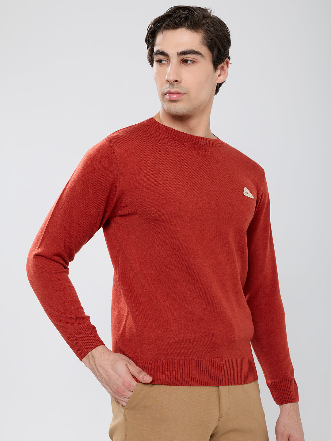 Men Rust Solid Round Neck Full Sleeve Pullover