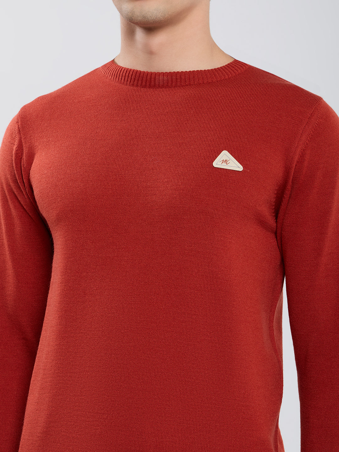 Men Rust Solid Round Neck Full Sleeve Pullover