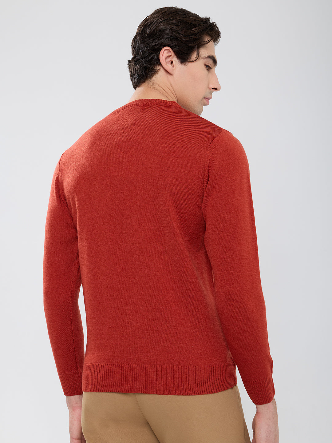 Men Rust Solid Round Neck Full Sleeve Pullover
