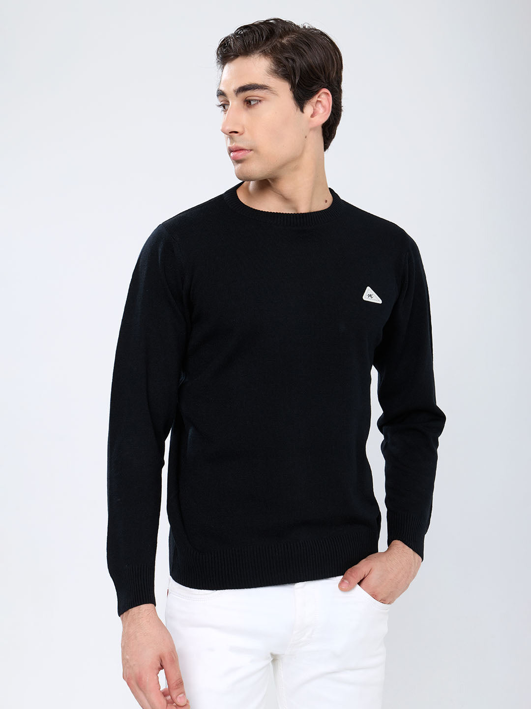 Men Black Solid Round Neck Full Sleeve Pullover