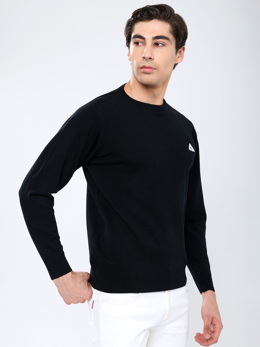 Men Black Solid Round Neck Full Sleeve Pullover
