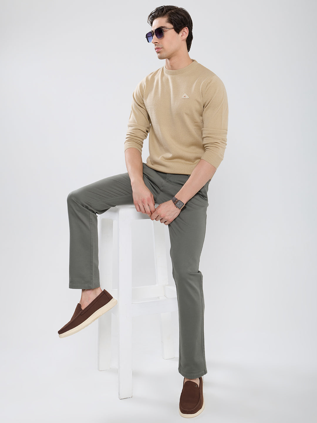 Men Camel Brown Solid Round Neck Full Sleeve Pullover