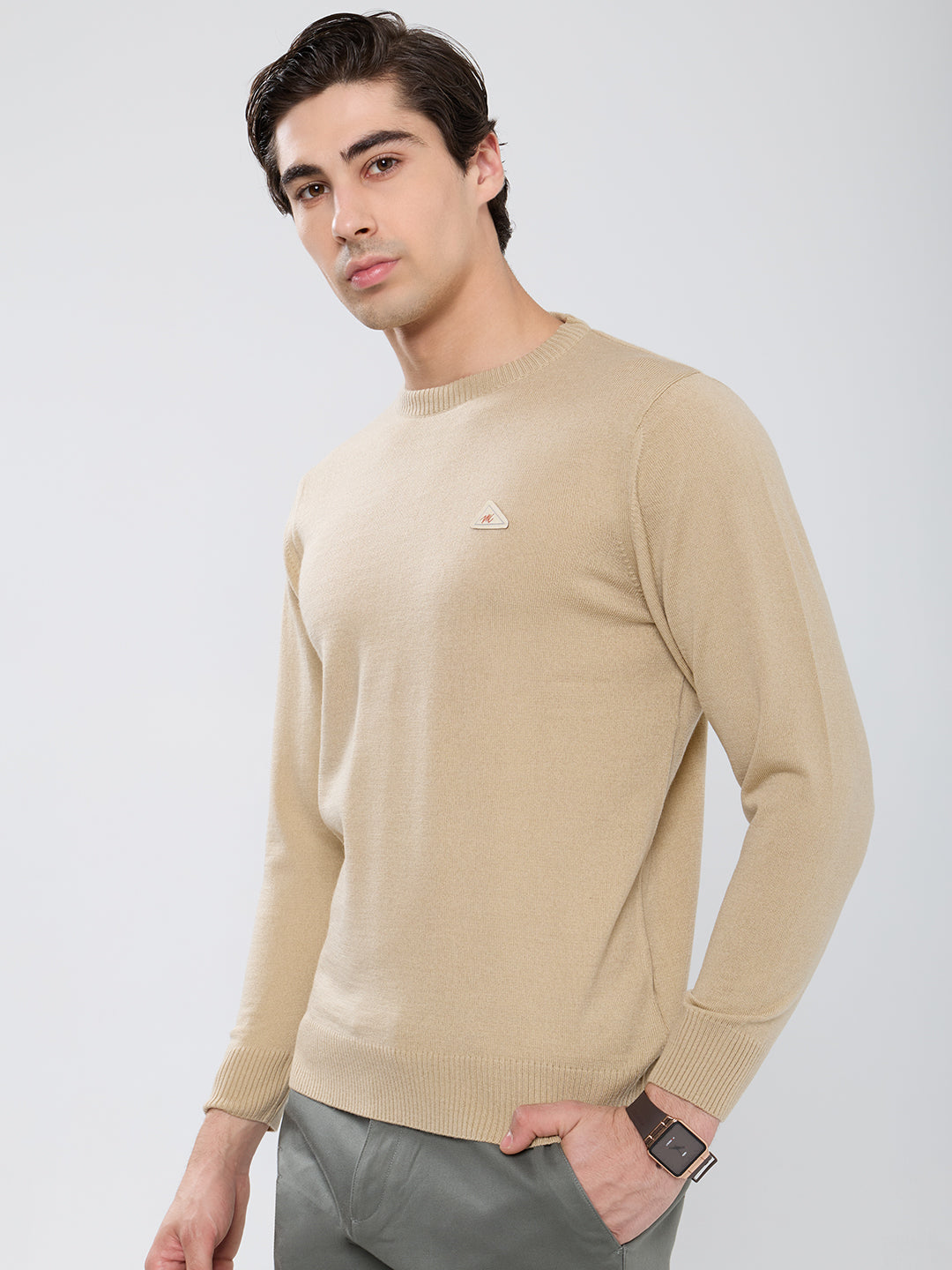 Men Camel Brown Solid Round Neck Full Sleeve Pullover
