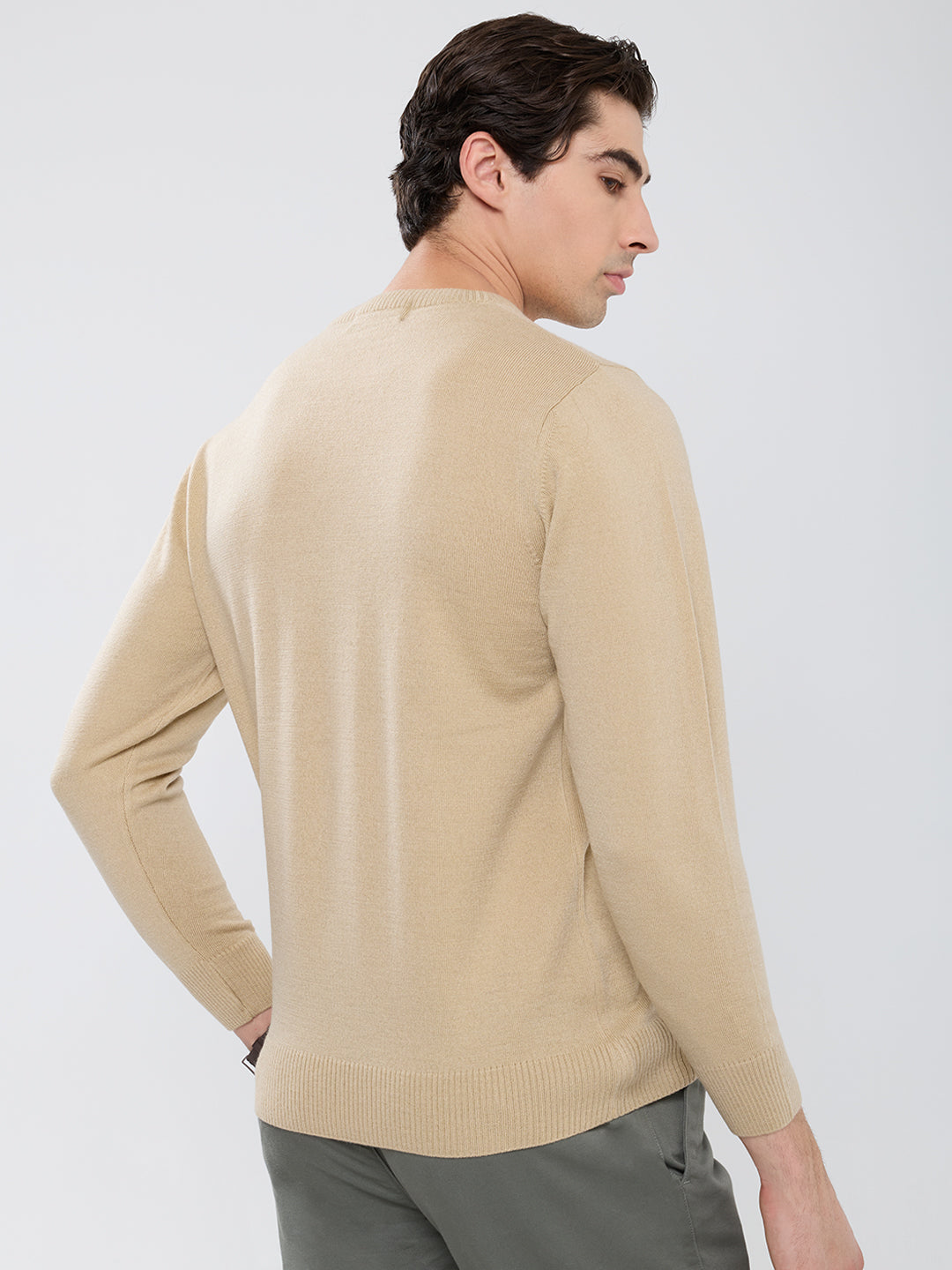 Men Camel Brown Solid Round Neck Full Sleeve Pullover