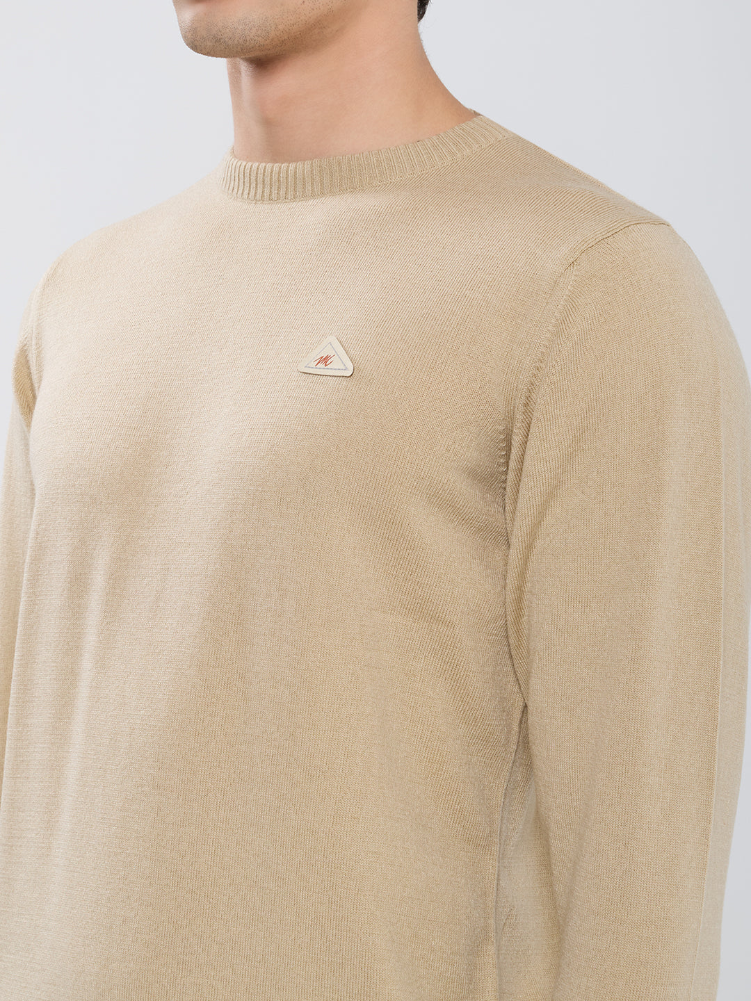 Men Camel Brown Solid Round Neck Full Sleeve Pullover