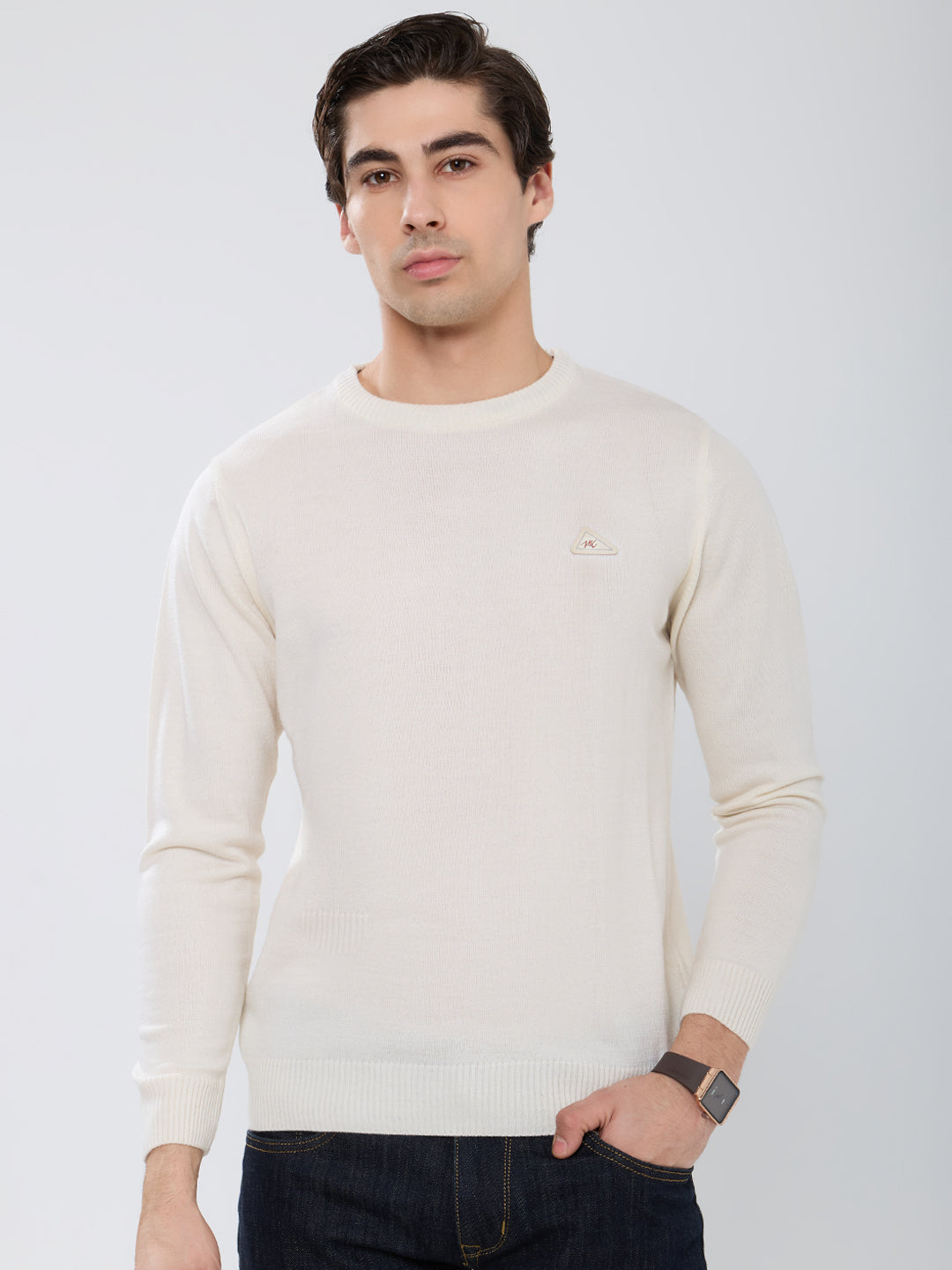Men Cream Solid Round Neck Full Sleeve Pullover