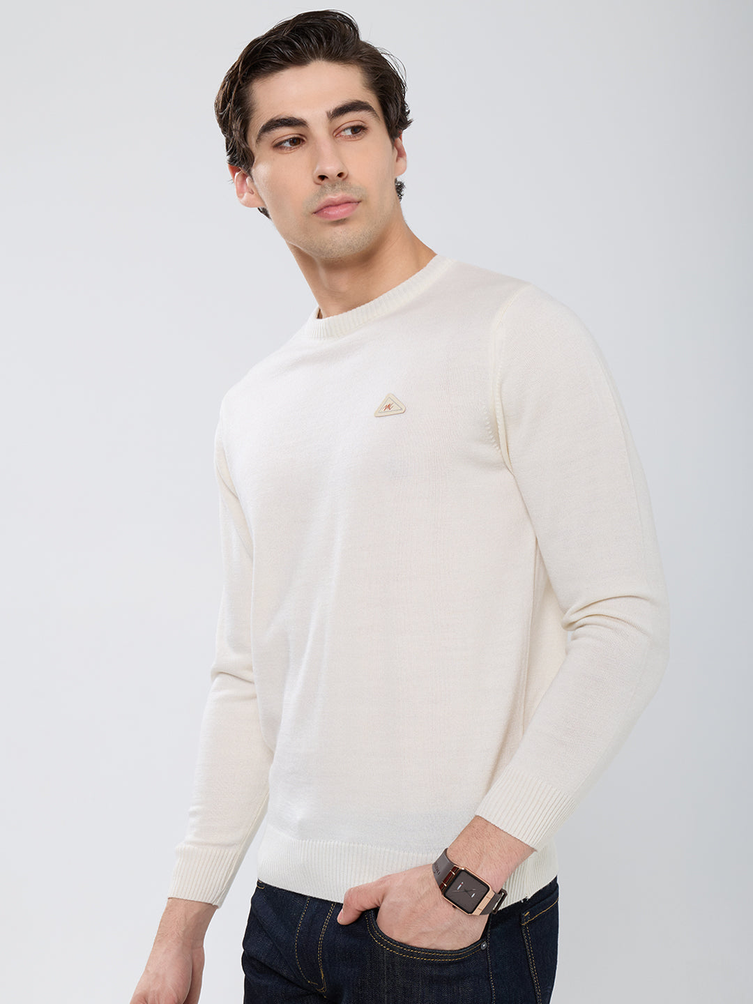 Men Cream Solid Round Neck Full Sleeve Pullover
