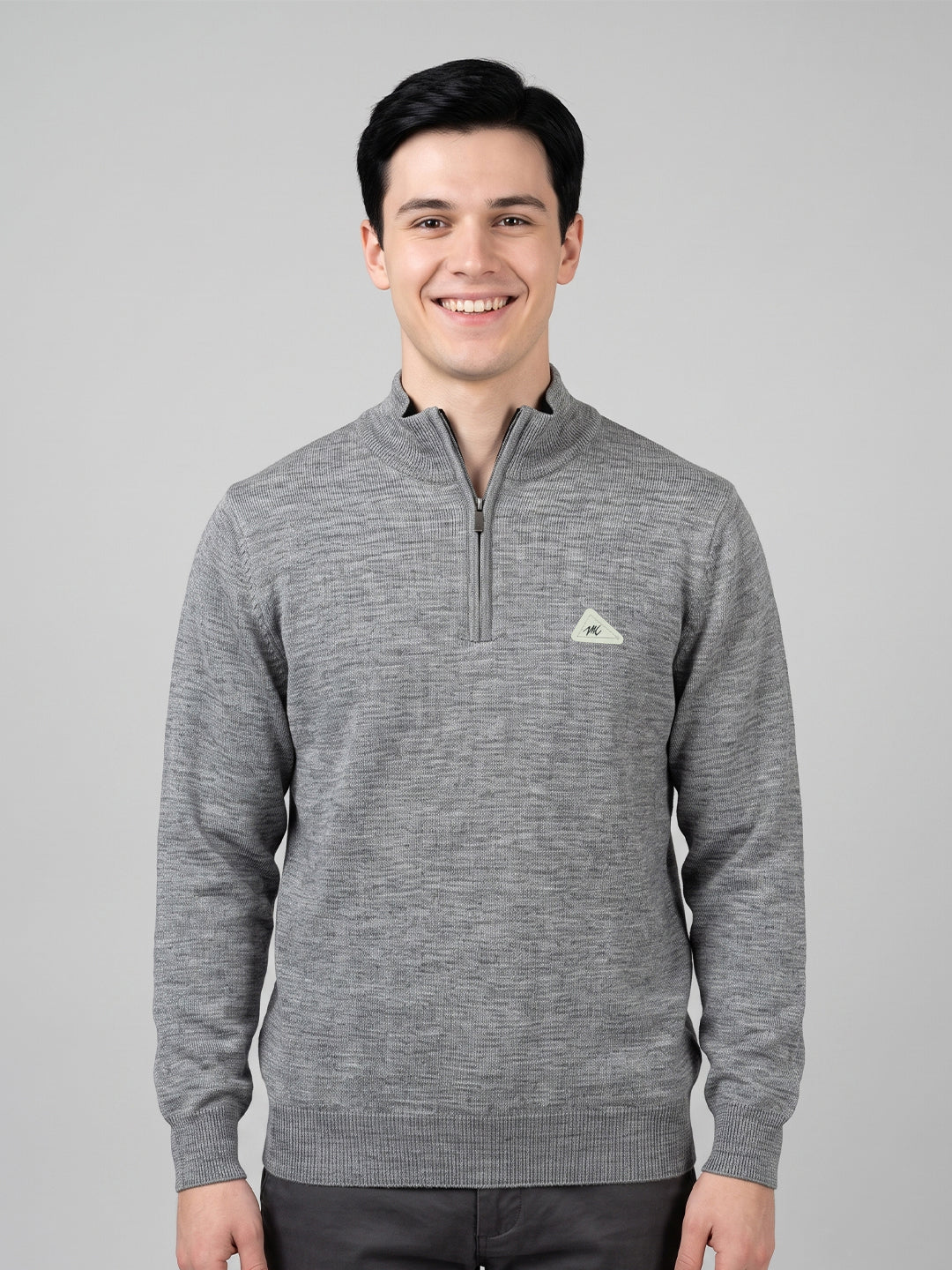 Men Grey Solid High Neck Full Sleeve Pullover
