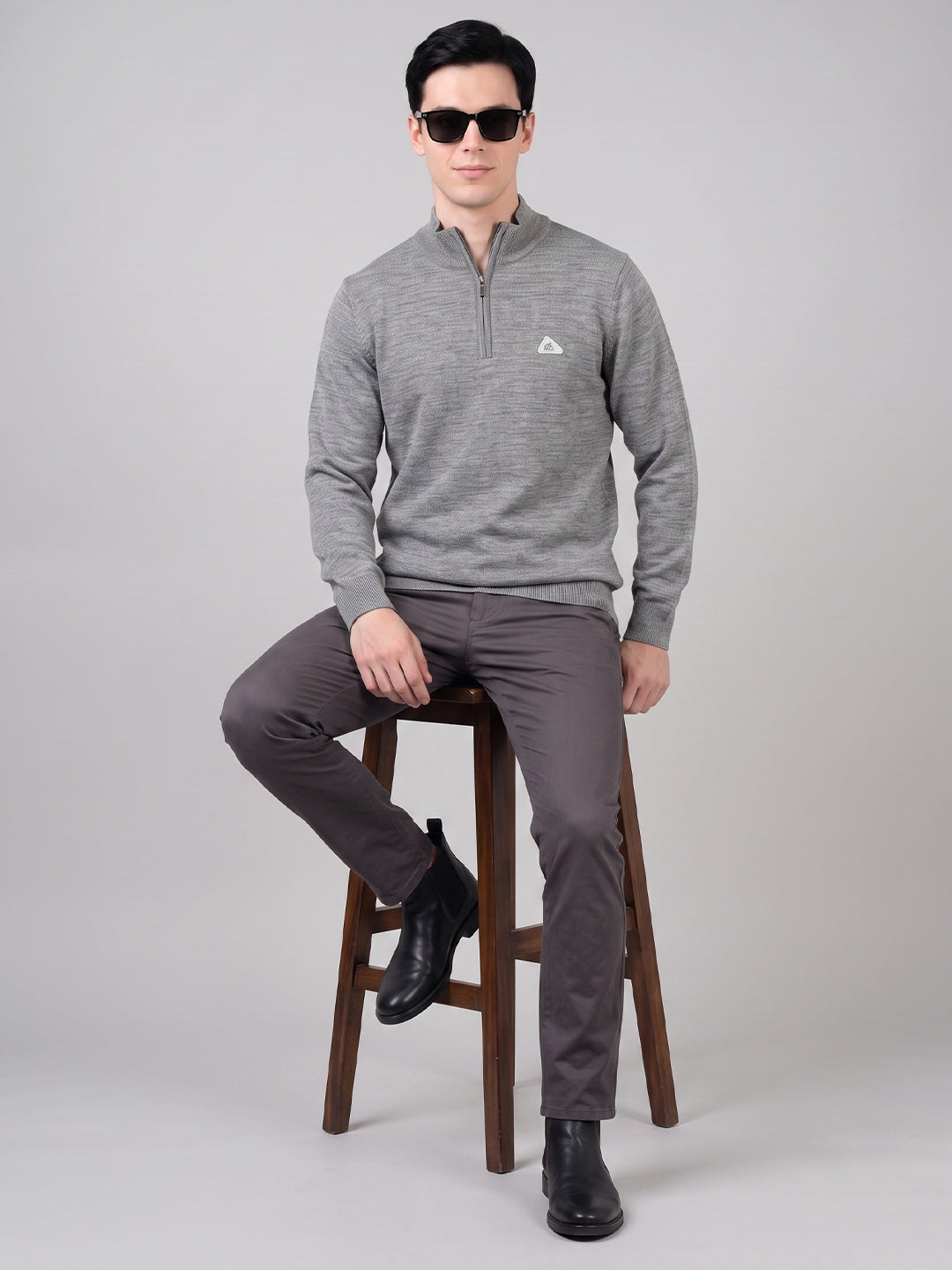 Men Grey Solid High Neck Full Sleeve Pullover