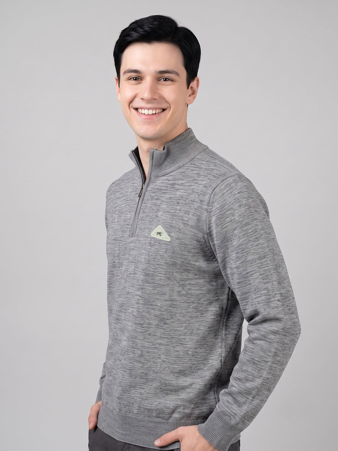 Men Grey Solid High Neck Full Sleeve Pullover