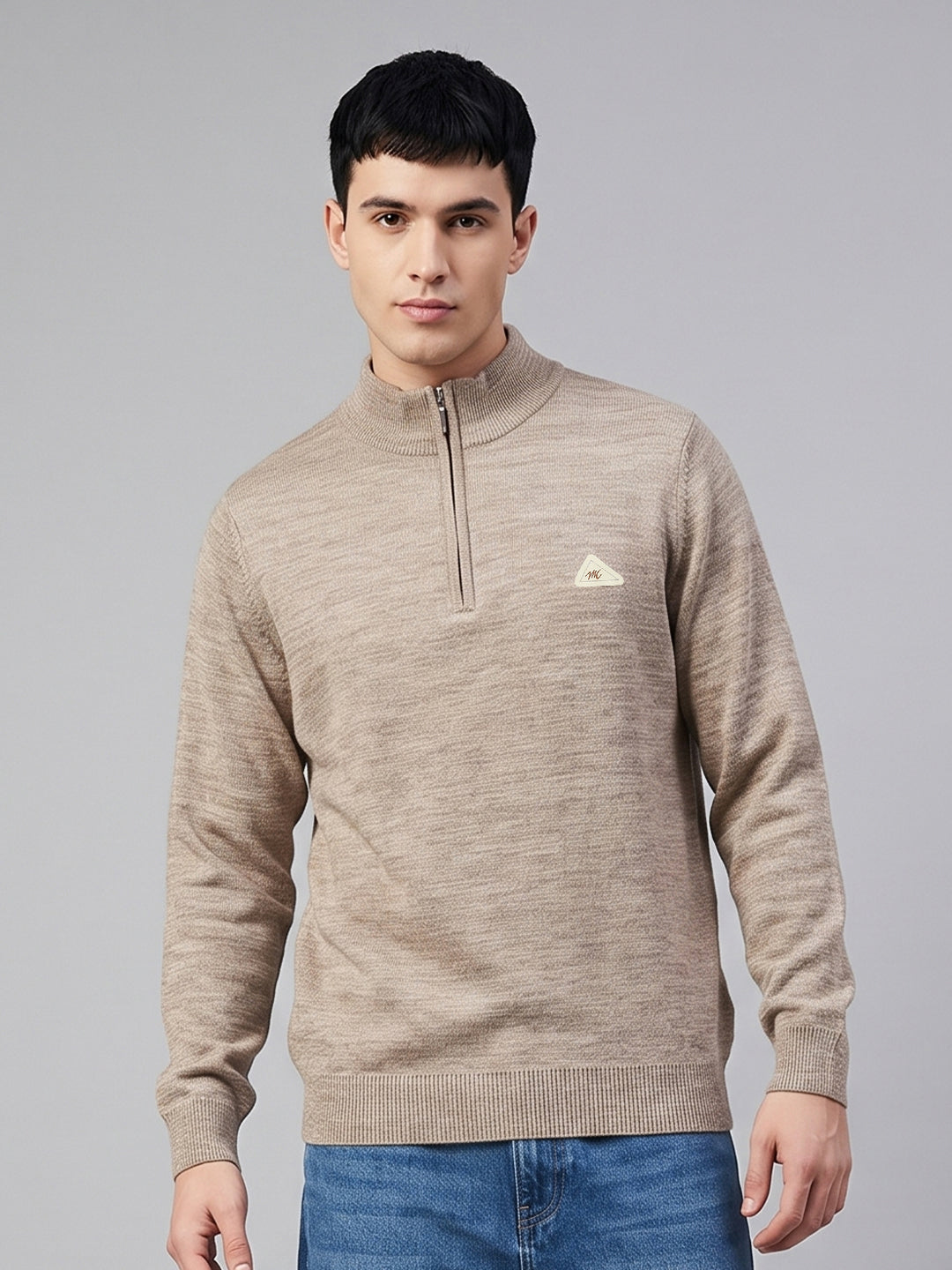 Men Beige Solid High Neck Full Sleeve Pullover