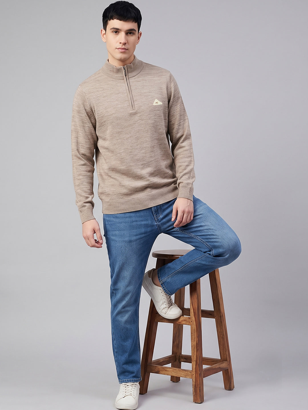 Men Beige Solid High Neck Full Sleeve Pullover