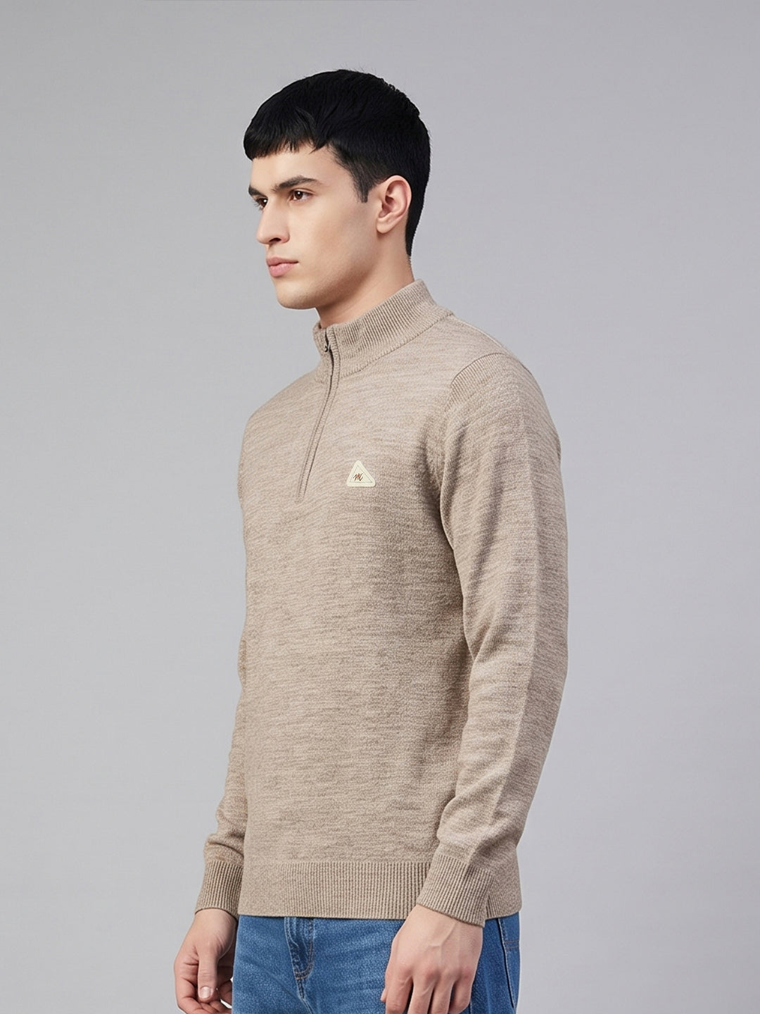 Men Beige Solid High Neck Full Sleeve Pullover