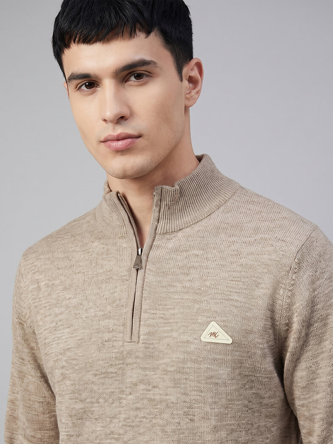 Men Beige Solid High Neck Full Sleeve Pullover