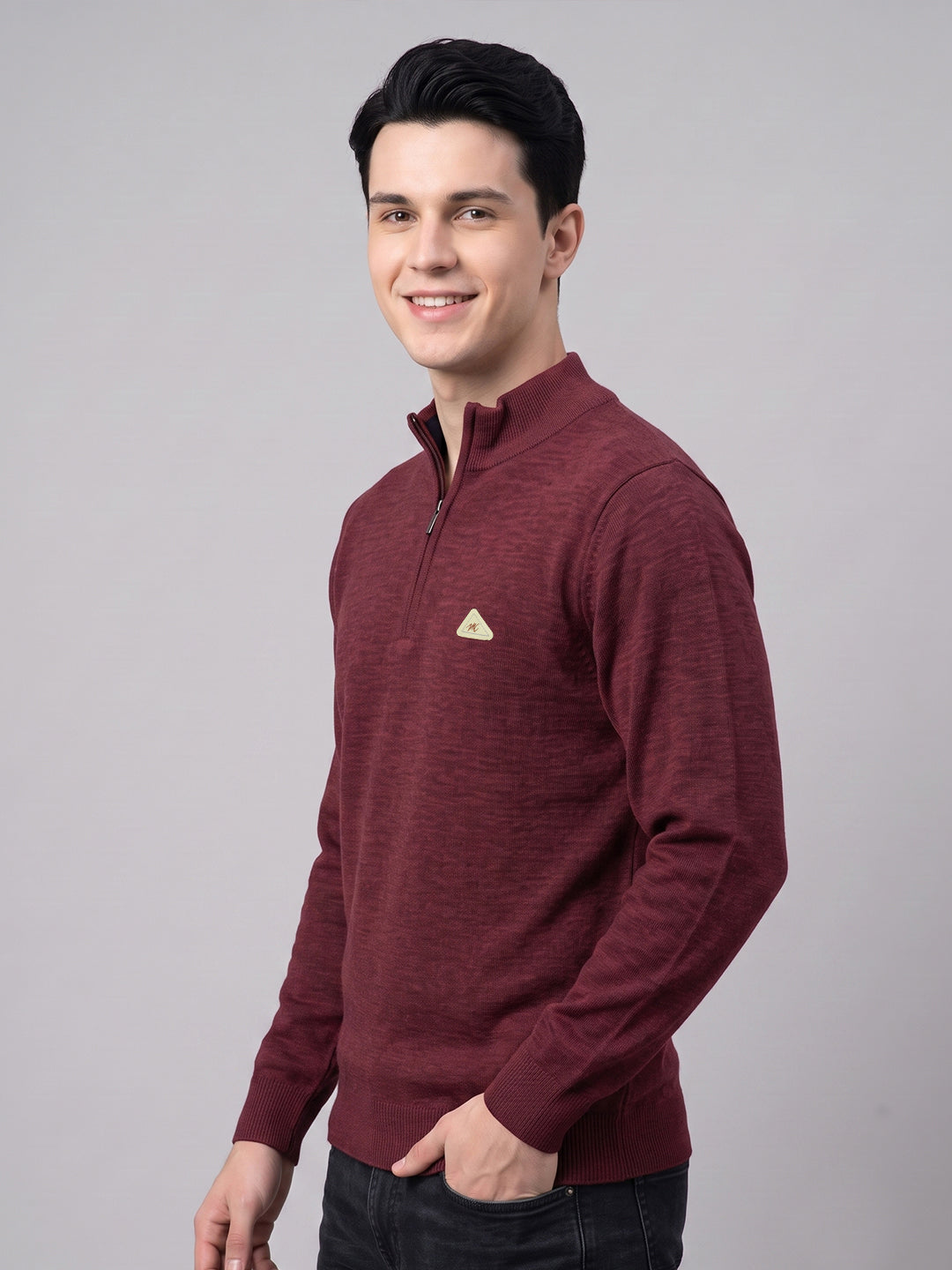 Men Maroon Solid High Neck Full Sleeve Pullover