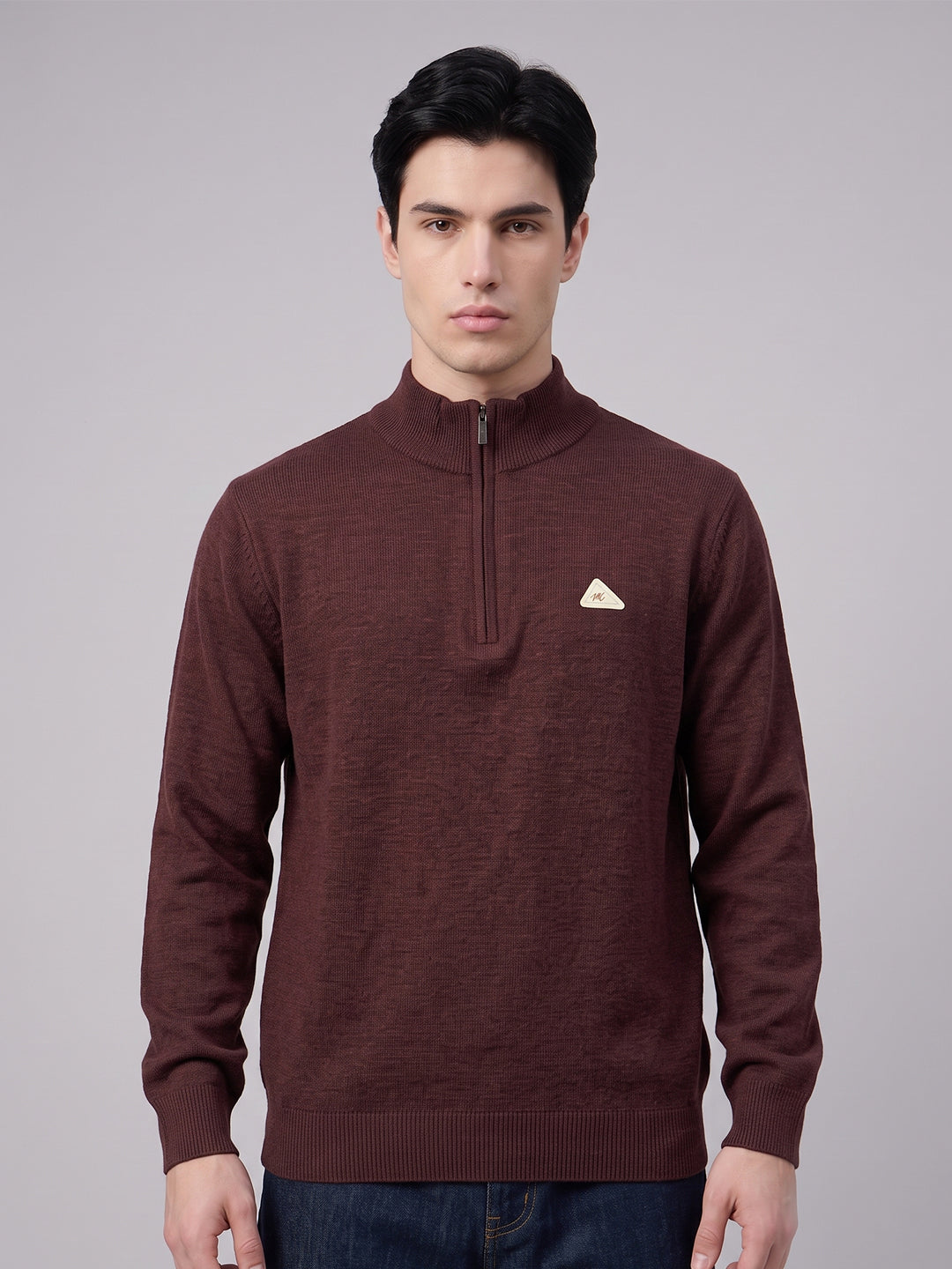 Men Maroon Solid High Neck Full Sleeve Pullover
