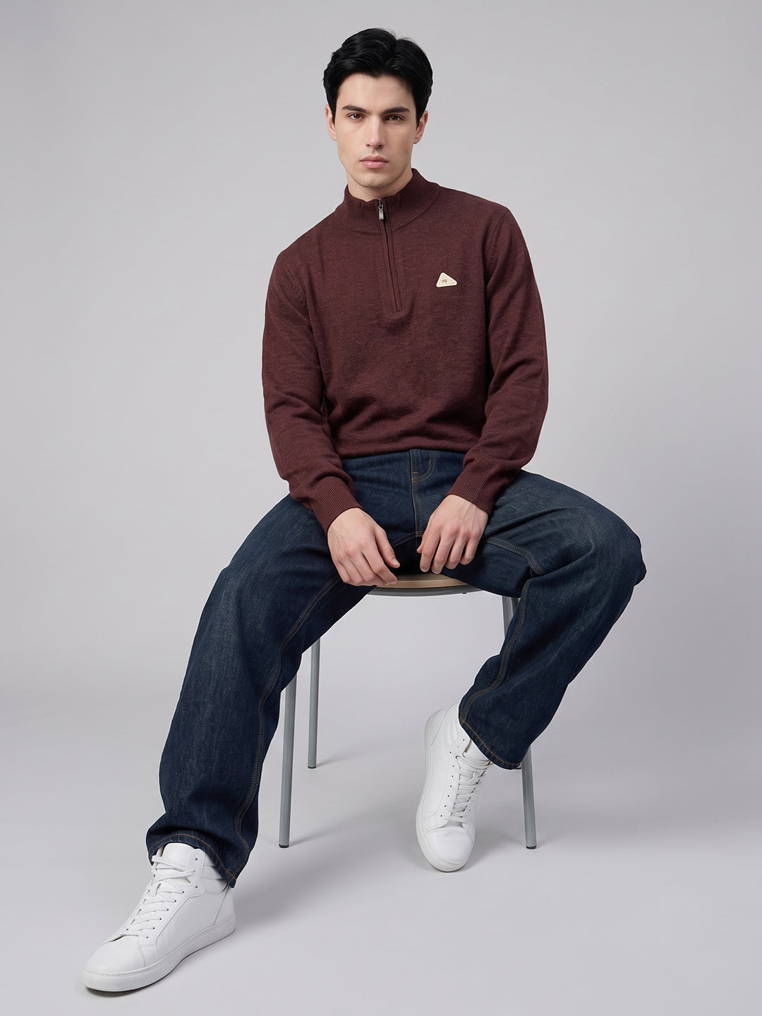 Men Maroon Solid High Neck Full Sleeve Pullover
