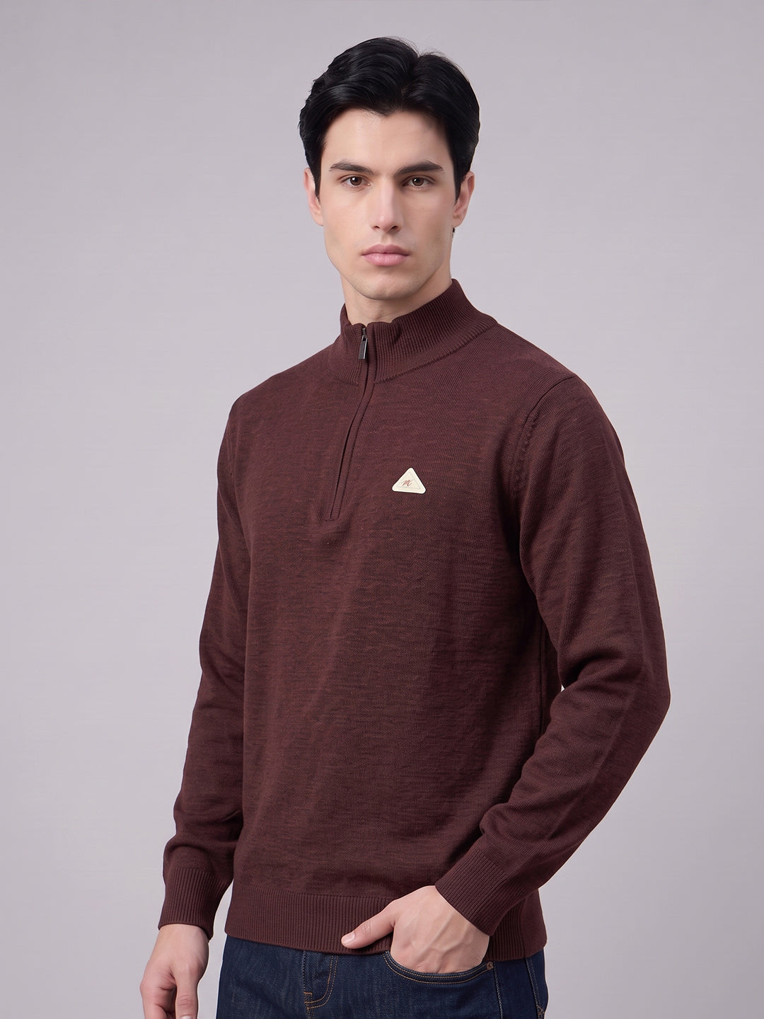 Men Maroon Solid High Neck Full Sleeve Pullover