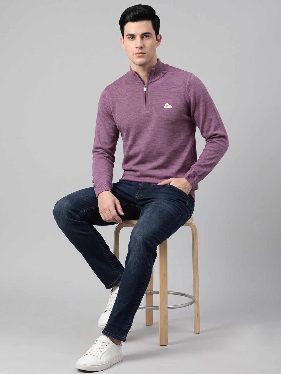 Men Purple Solid High Neck Full Sleeve Pullover