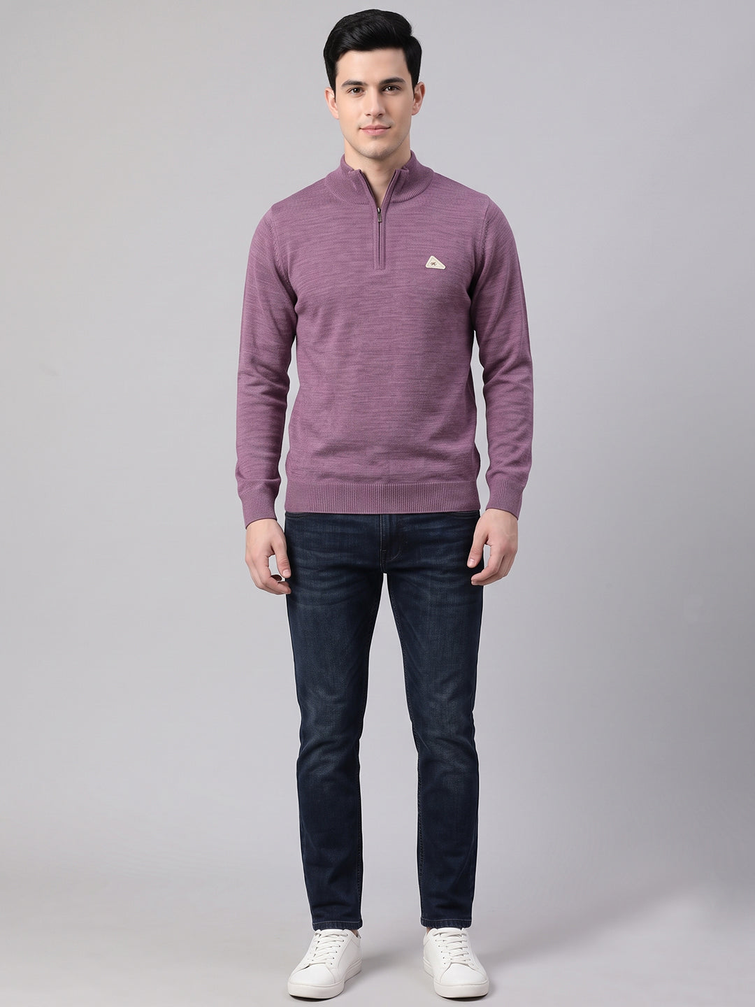 Men Purple Solid High Neck Full Sleeve Pullover