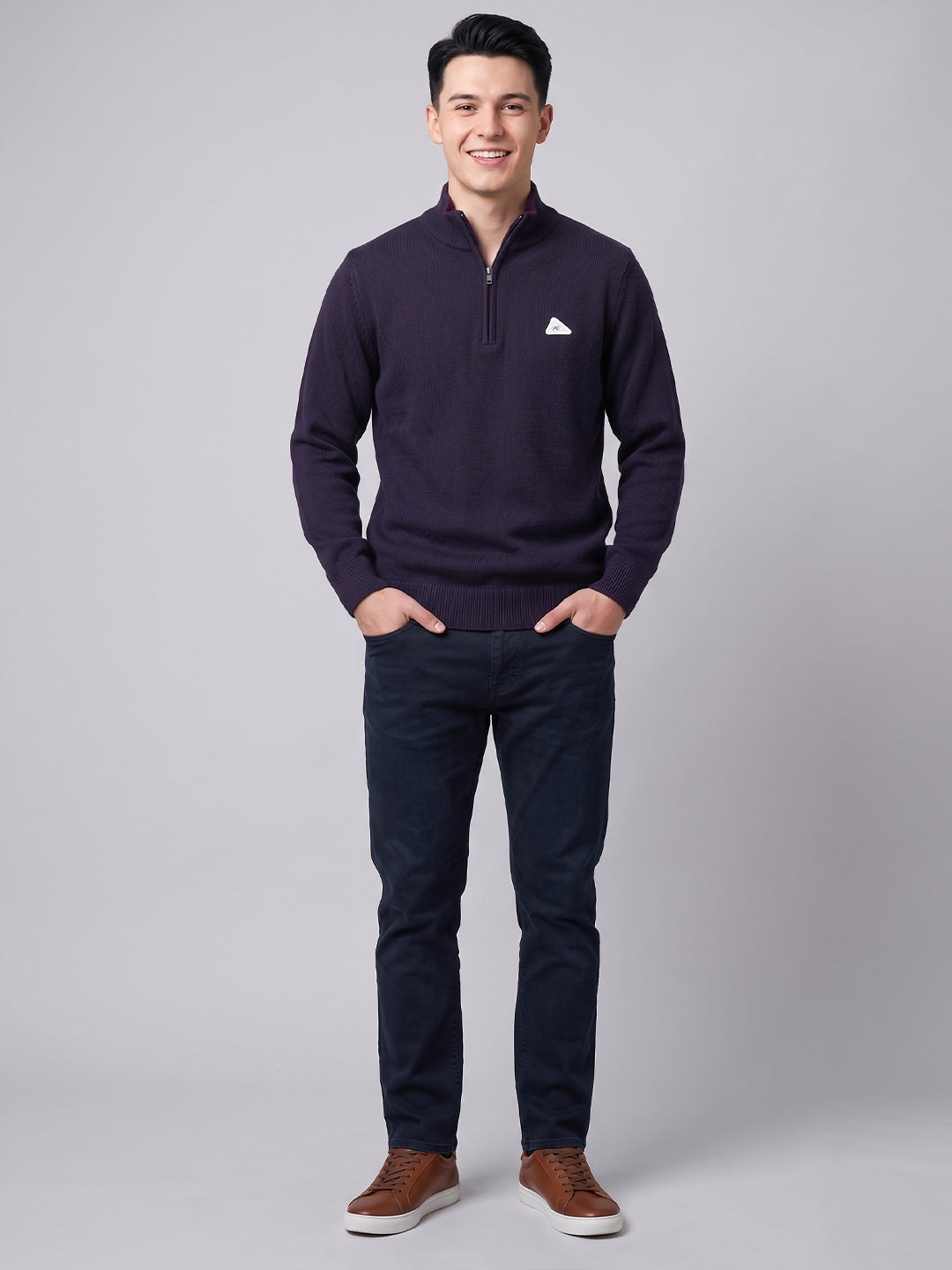 Men Purple Solid High Neck Full Sleeve Pullover