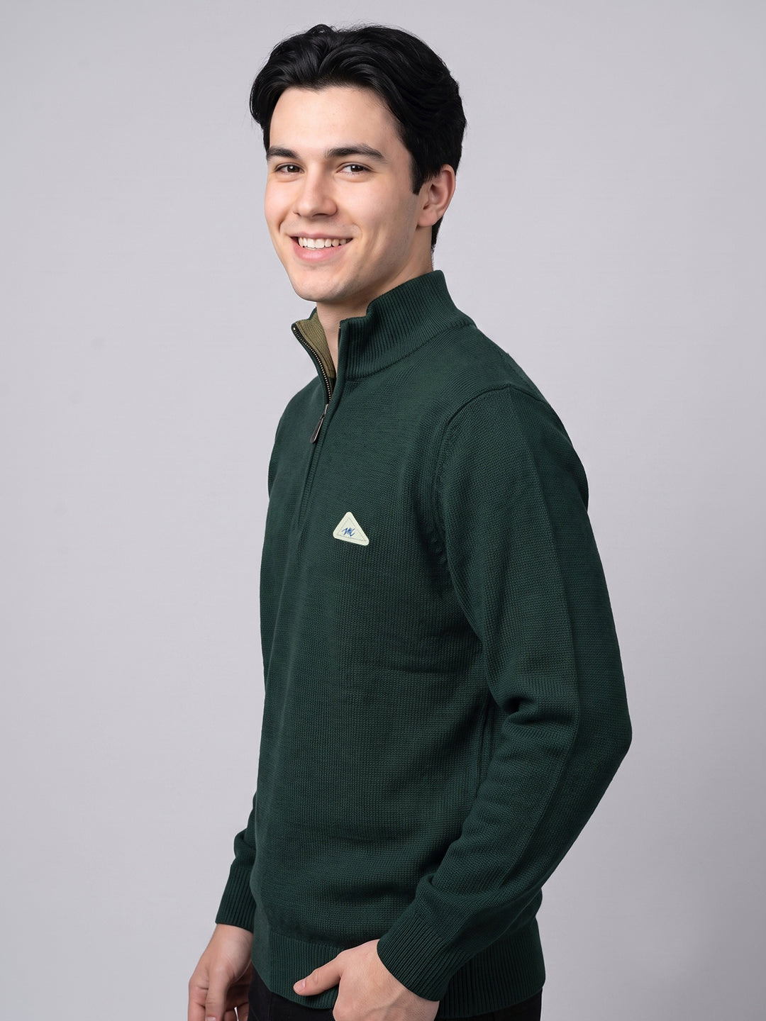 Men Green Solid High Neck Full Sleeve Pullover