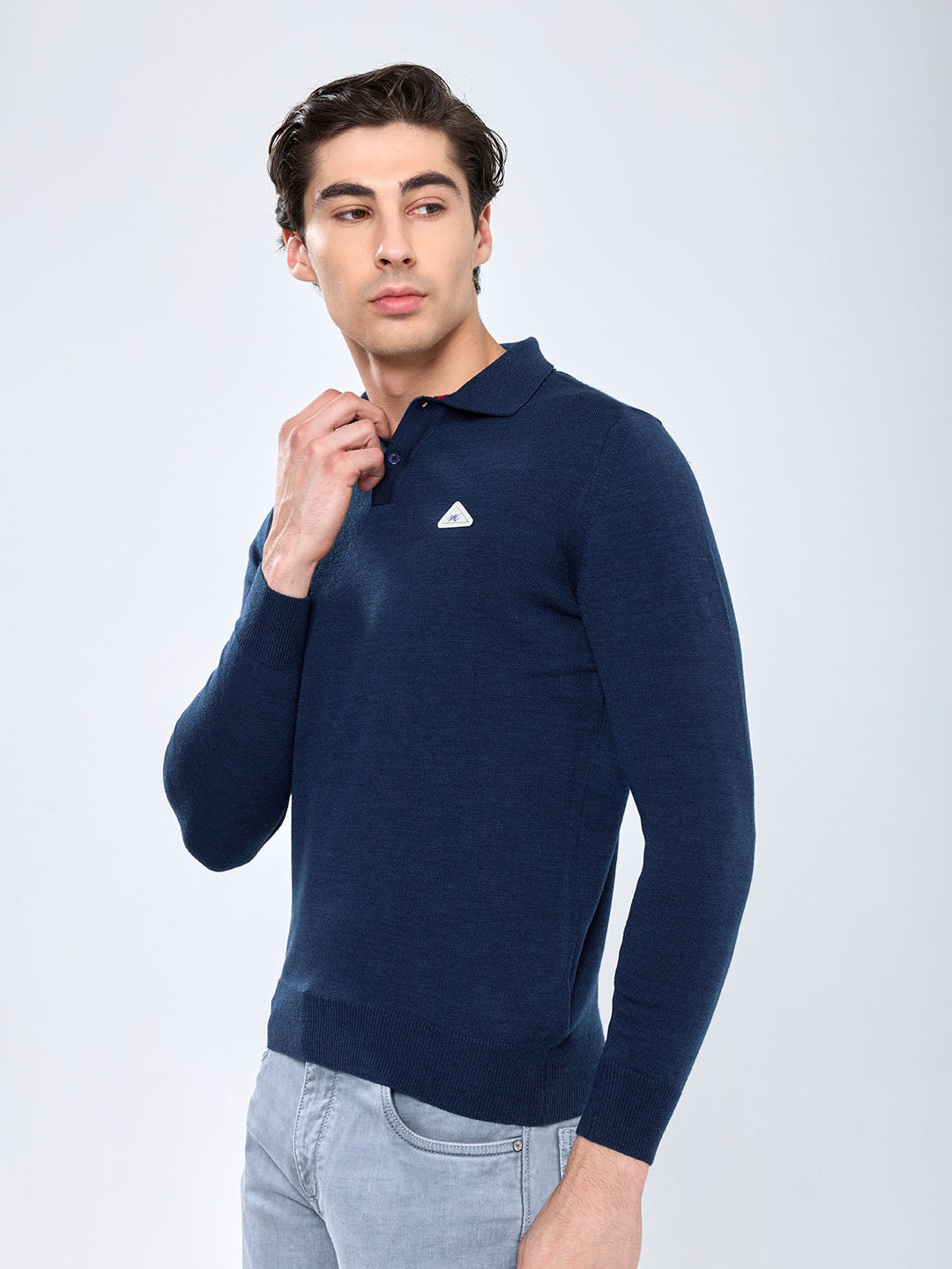 Men Blue Solid Polo Collar Full Sleeve Winter T-Shirt