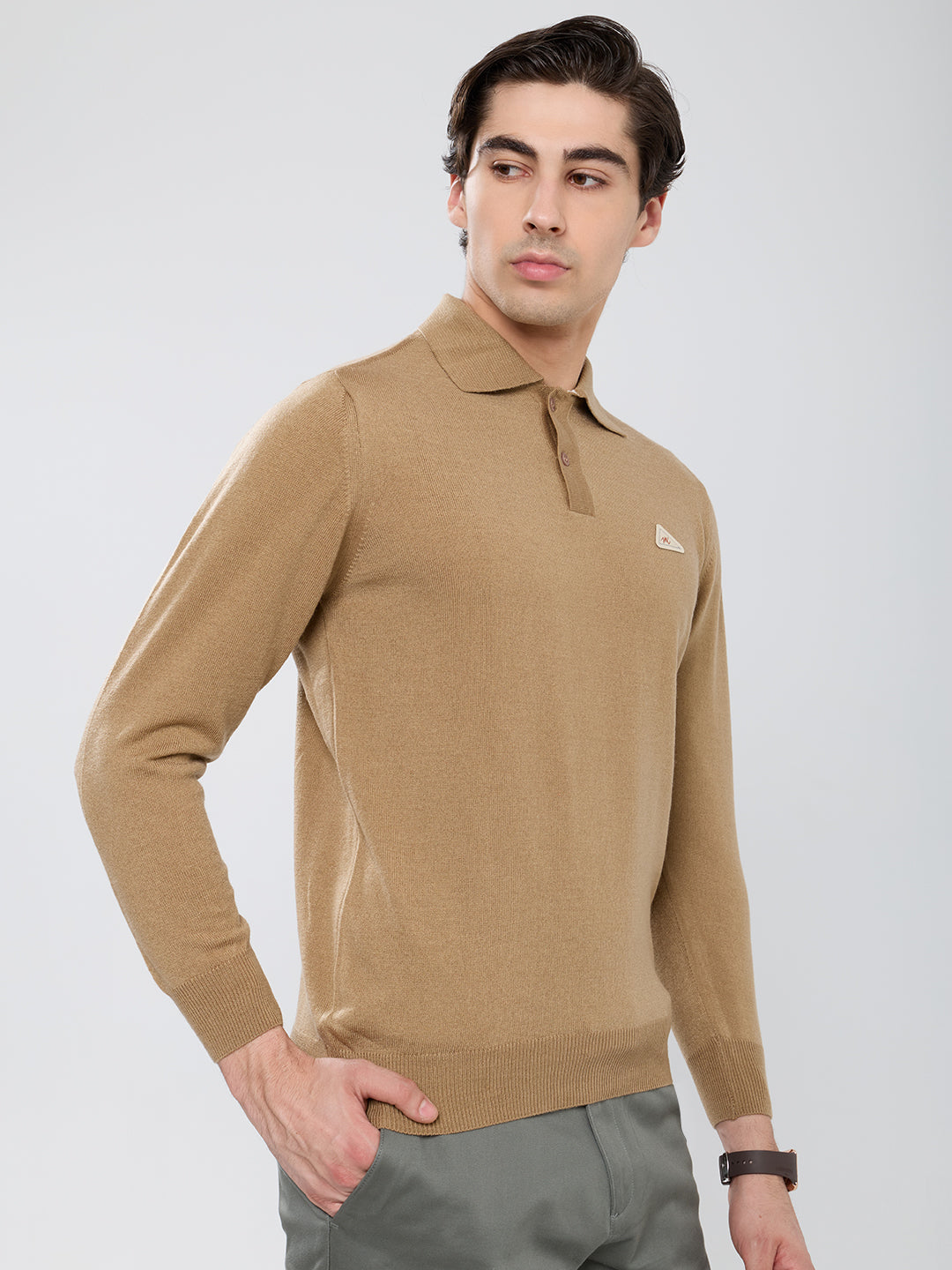 Men Camel Brown Solid Polo Collar Full Sleeve Winter T-Shirt