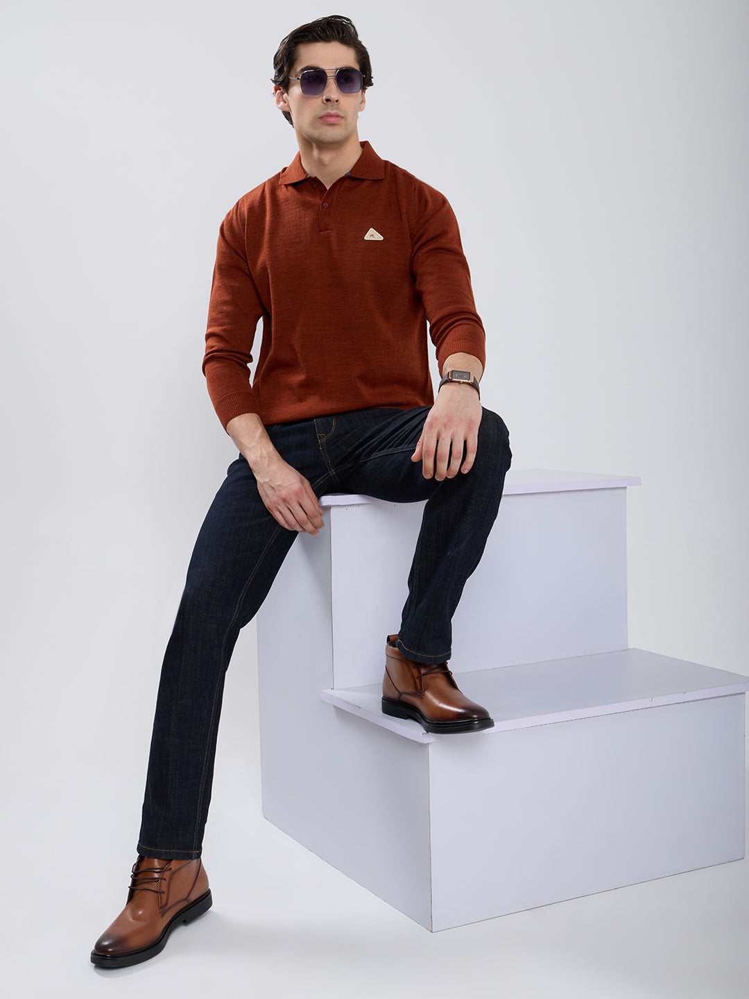 Men Rust Solid Polo Collar Full Sleeve Winter T-Shirt