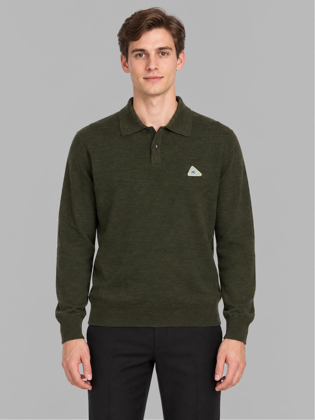 Men Green Solid Polo Collar Full Sleeve Winter T-Shirt