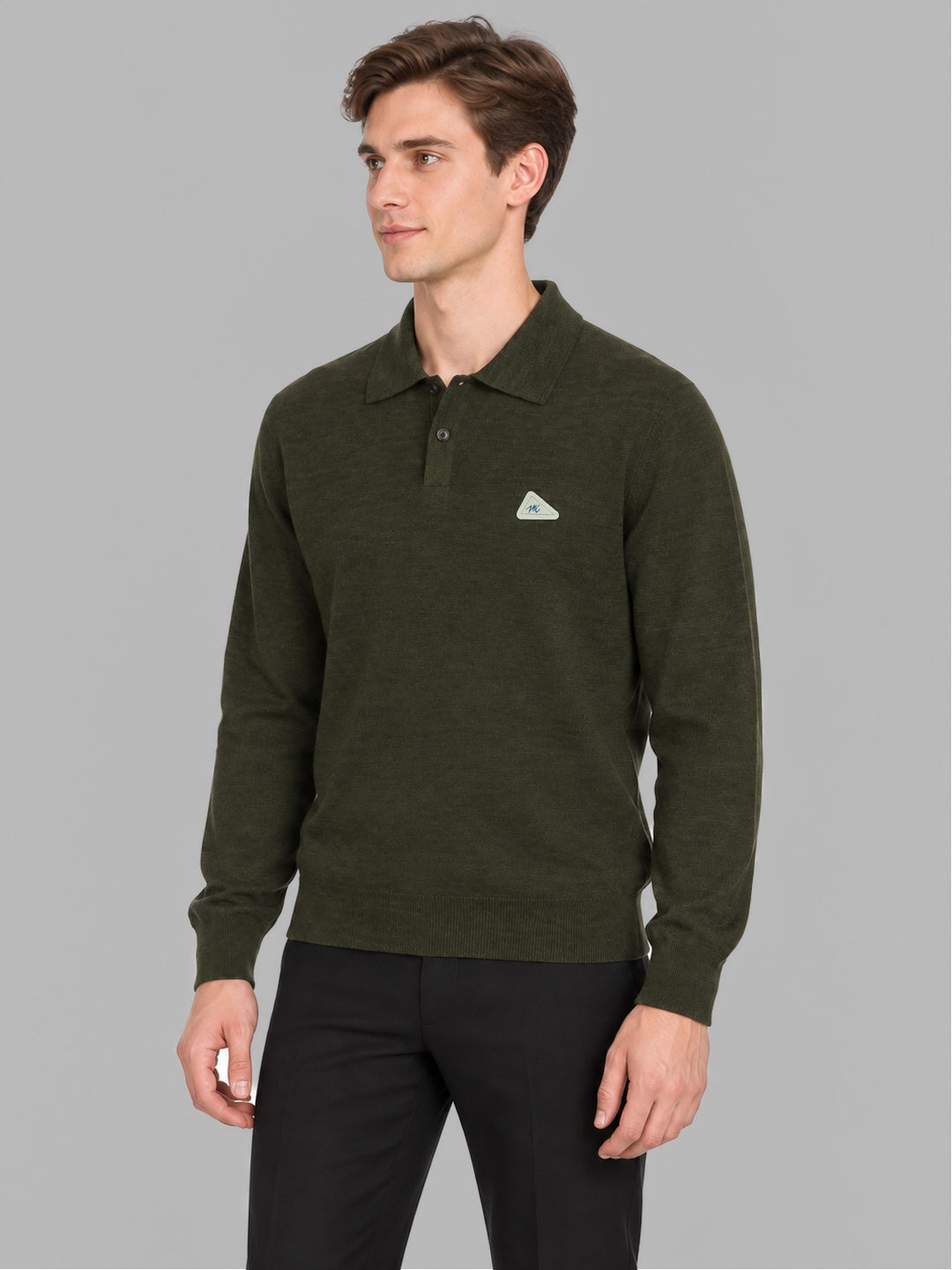 Men Green Solid Polo Collar Full Sleeve Winter T-Shirt
